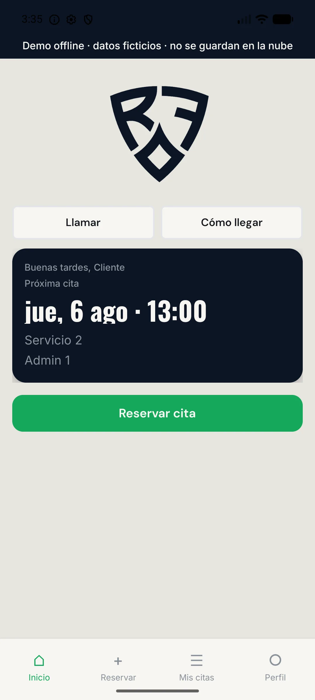 Pantalla de inicio de la app de reservas con marca del negocio